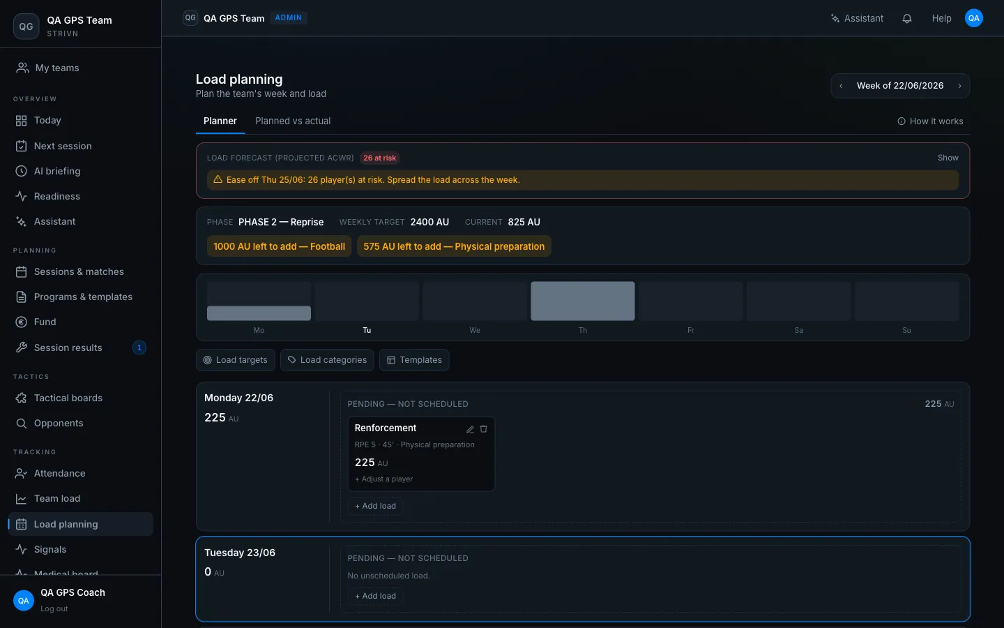 Load planning — ACWR forecast, weekly target and the day-by-day stack