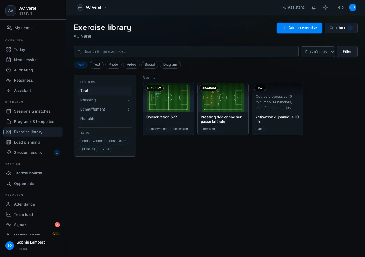 Exercise library — exercise grid with folders and tags