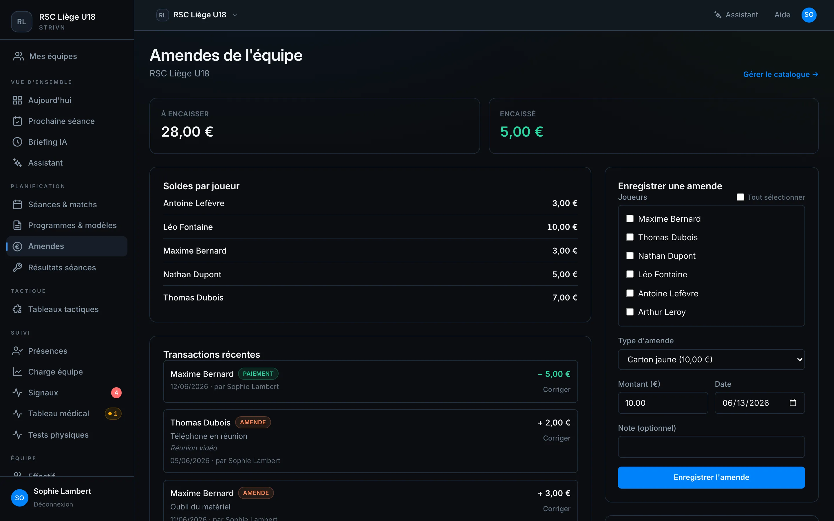 Amendes de l'équipe — soldes par joueur, transactions récentes et formulaire d'enregistrement