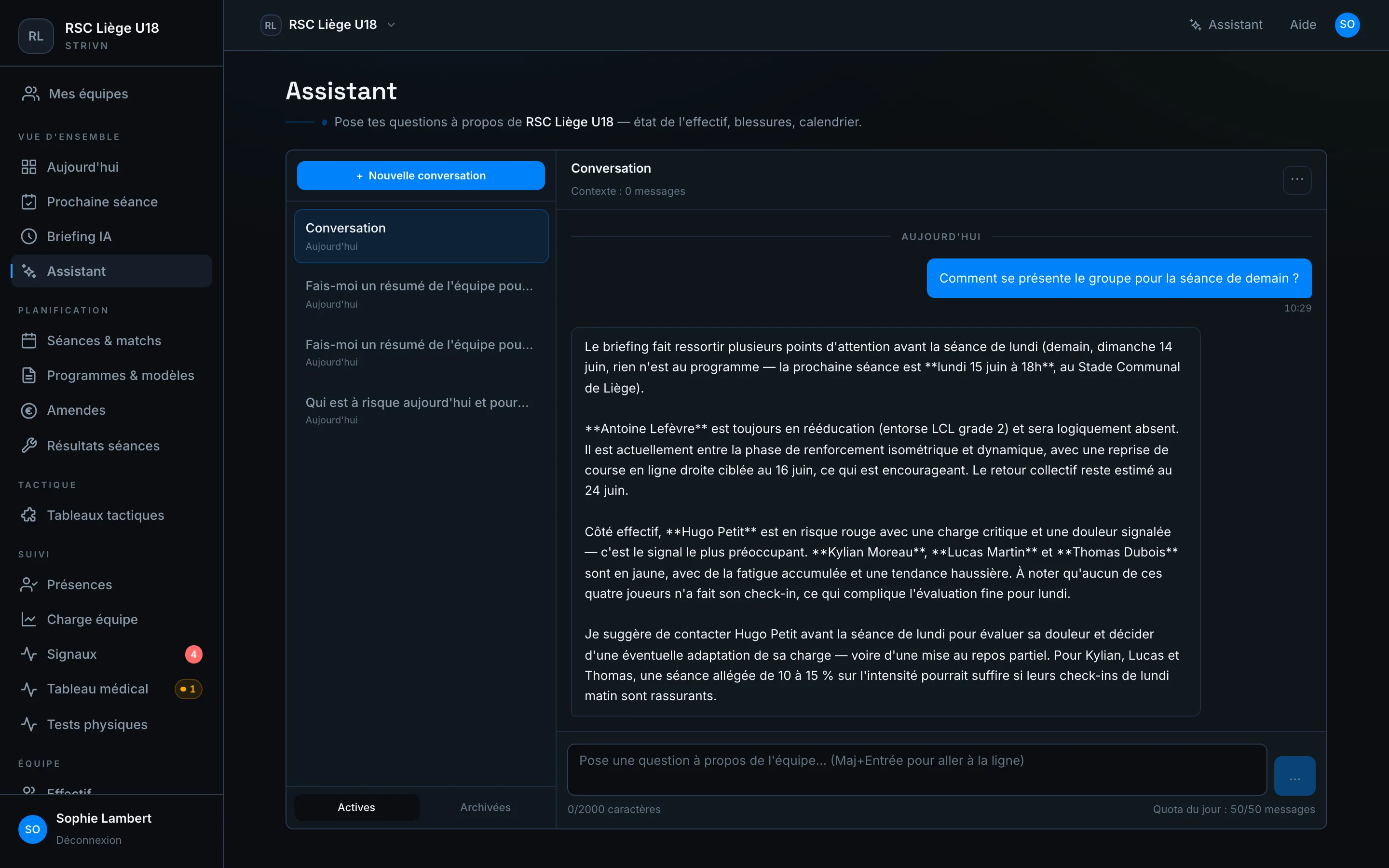 Assistant — réponse de l'IA sur l'état du groupe avant la séance