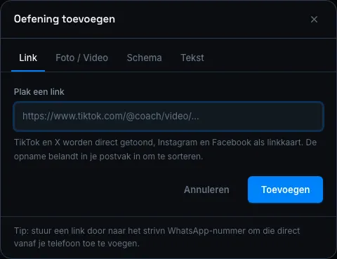 Venster om een oefening toe te voegen — tabblad Link