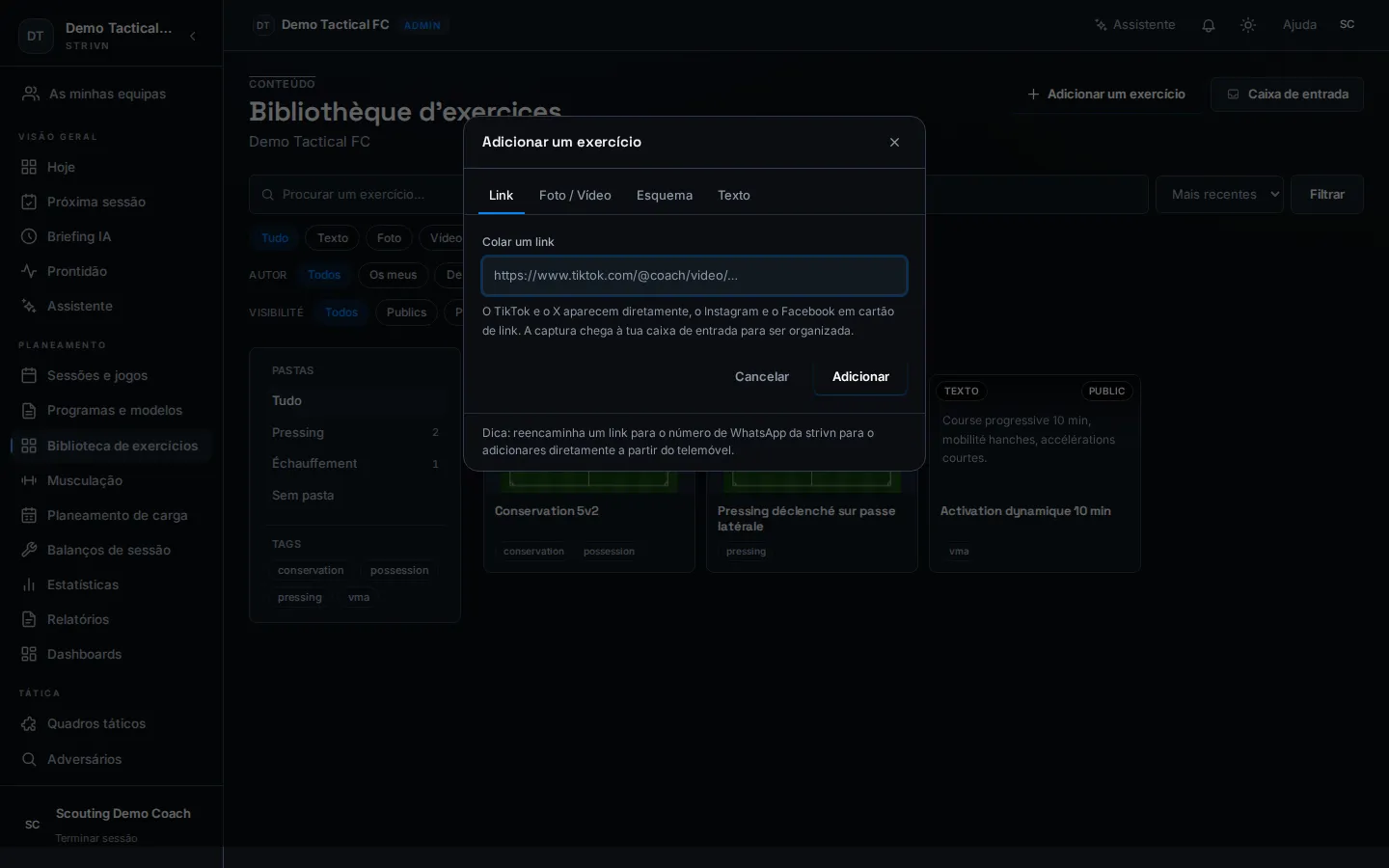 Janela de adicionar um exercício — separador Link