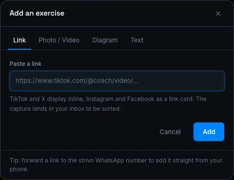 Add-an-exercise window — Link tab