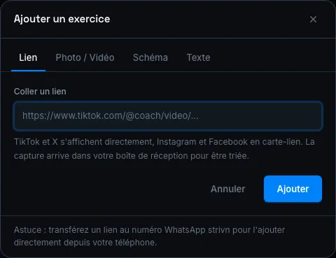 Fenêtre d'ajout d'un exercice — onglet Lien