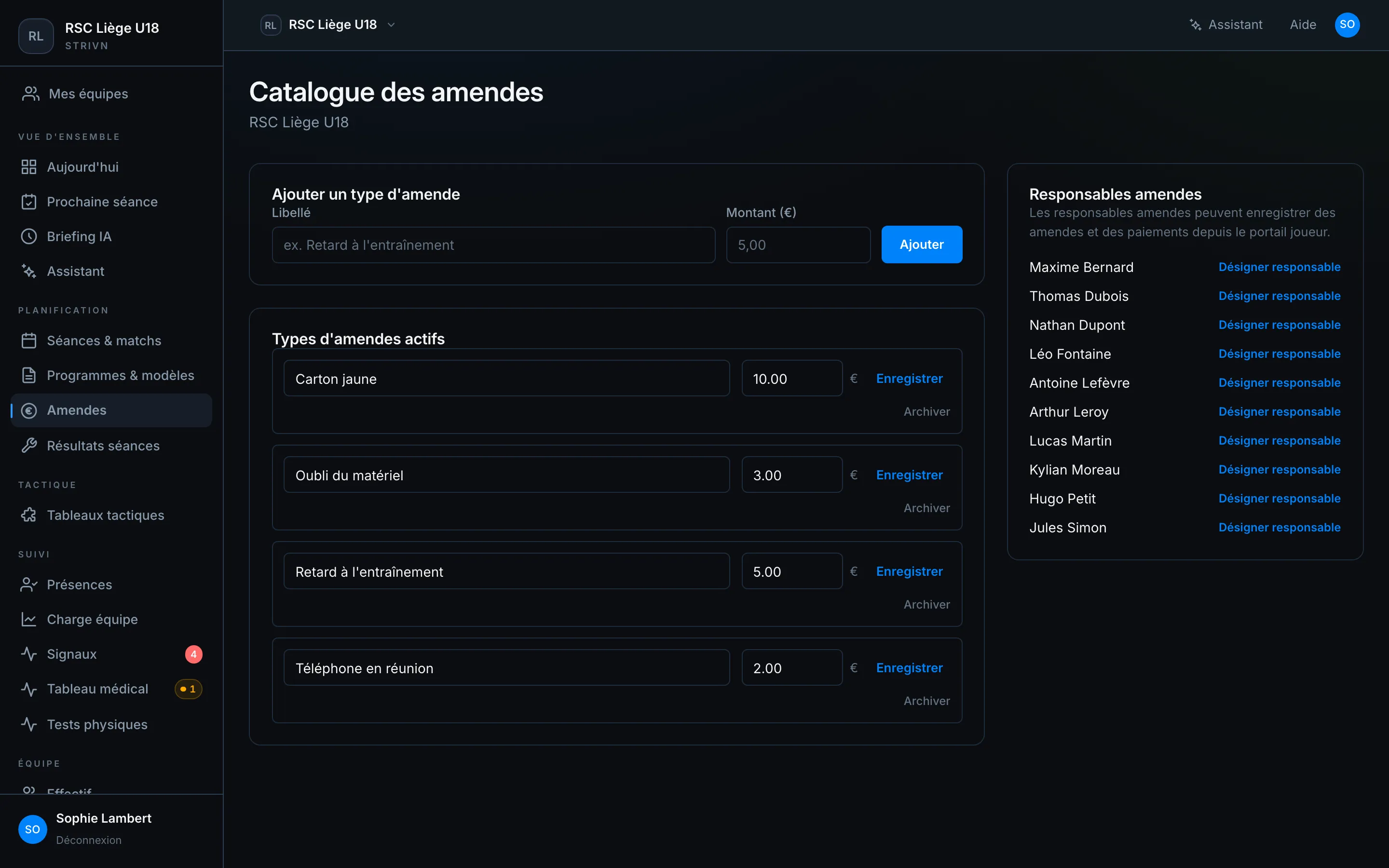 Catalogue des amendes — types actifs et désignation des responsables