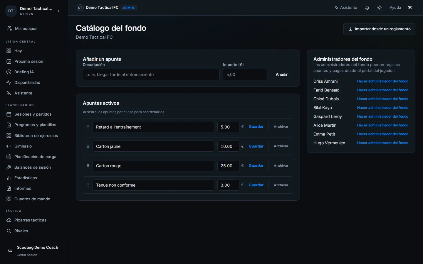 Catálogo de multas — tipos activos y asignación de gestores de multas