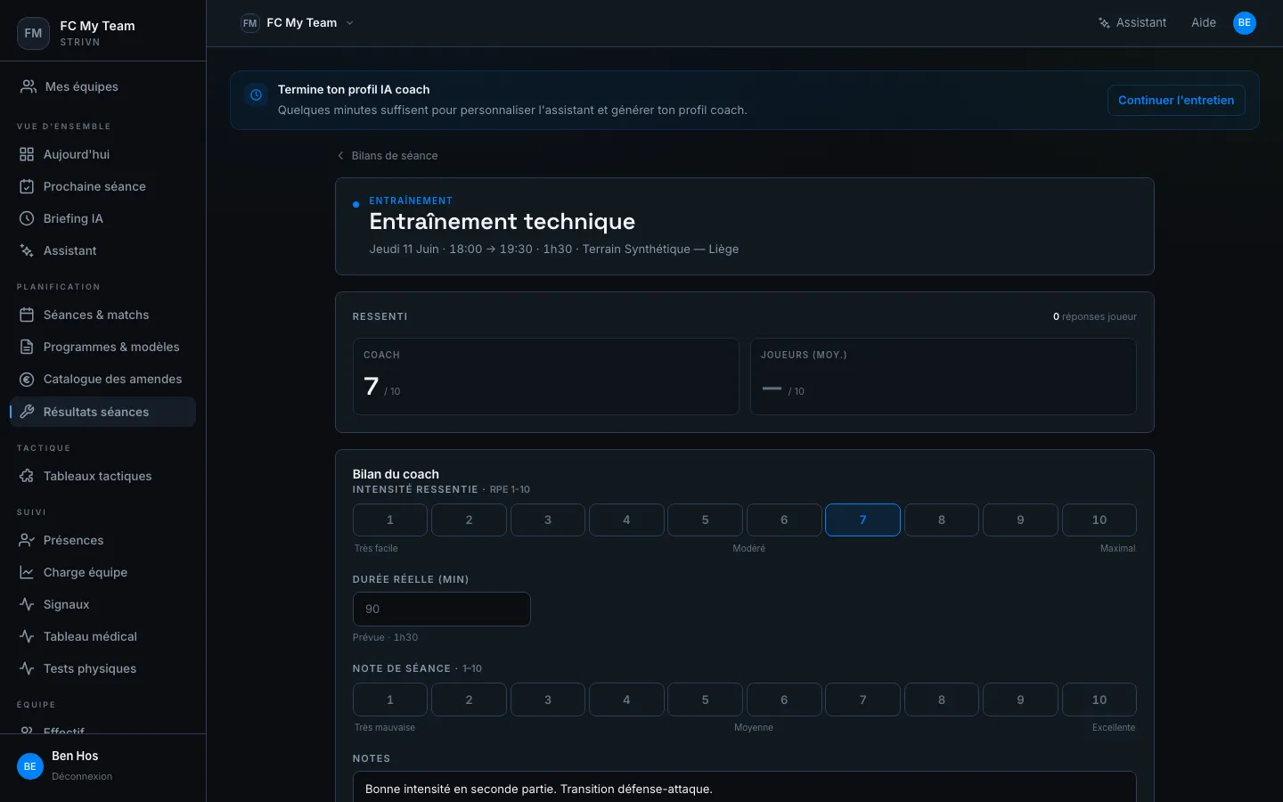 Formulaire bilan — RPE coach 7/10, durée réelle 90 min, champ NOTES