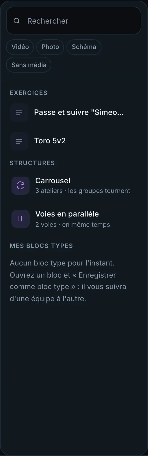 Panneau bibliothèque — recherche, facettes Vidéo/Photo/Schéma/Sans média, groupes Exercices, Structures et Mes blocs types