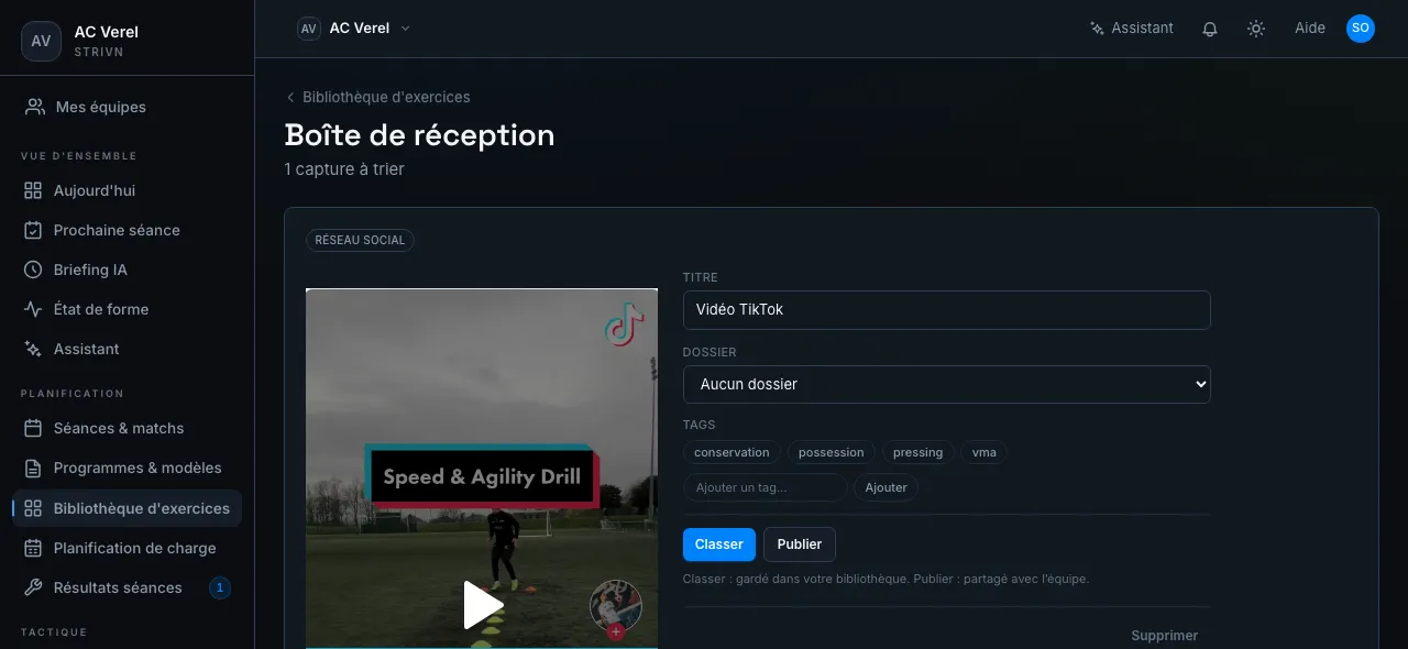 Boîte de réception — une capture TikTok à trier avec titre, dossier et tags