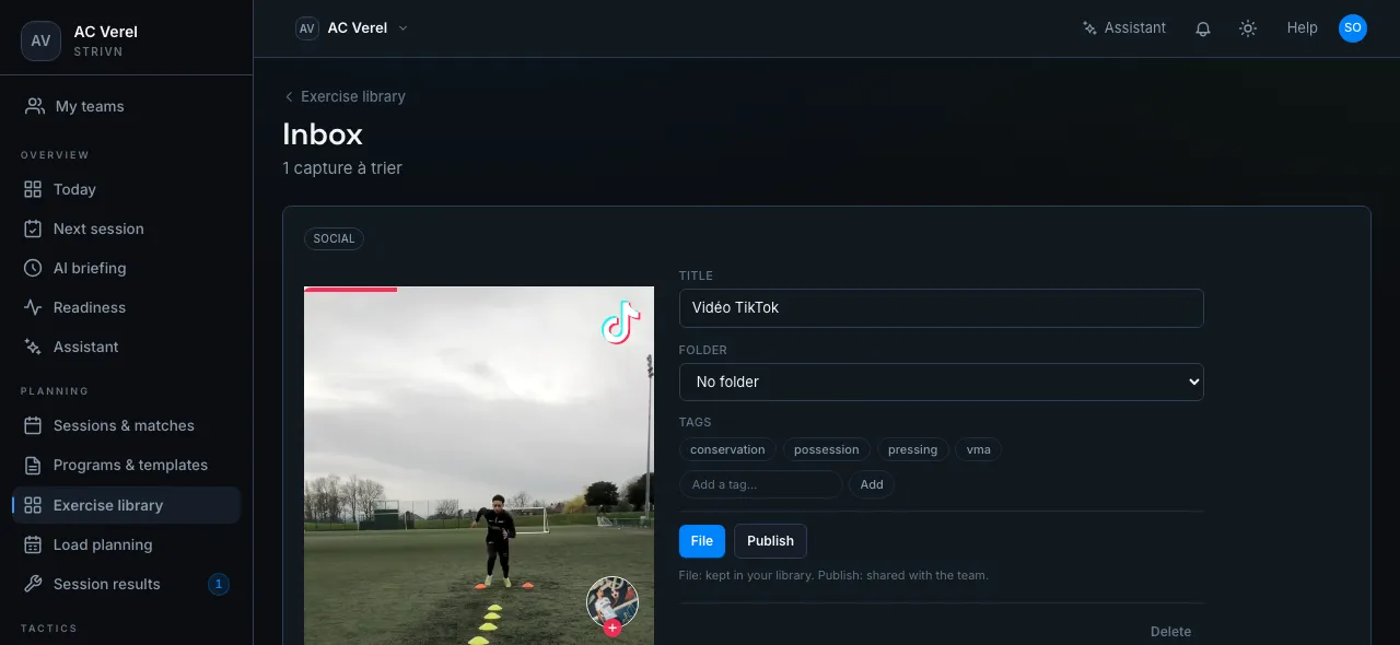 Inbox — a TikTok capture to sort, with title, folder and tags