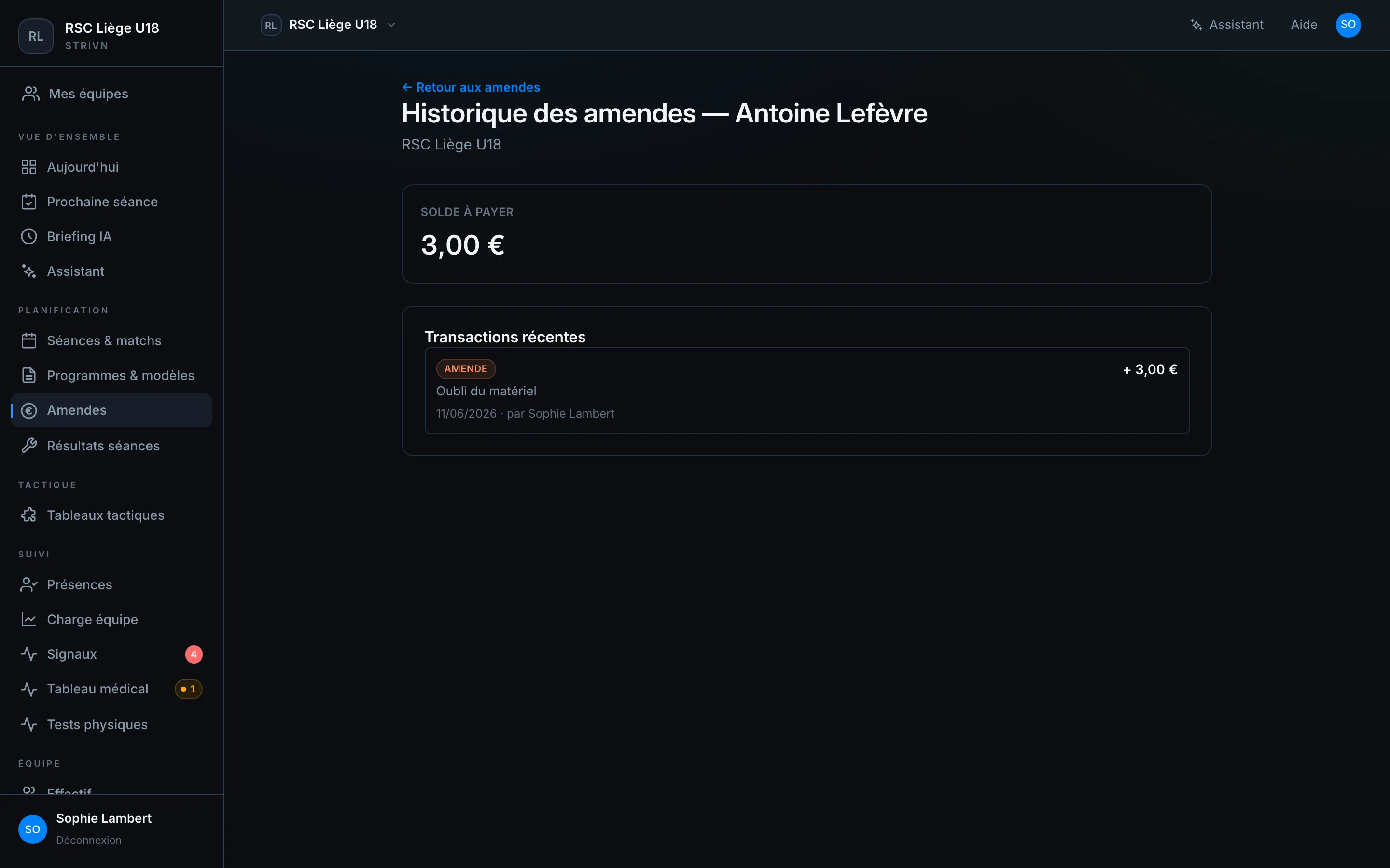 Historique des amendes d'un joueur — solde à payer et transactions