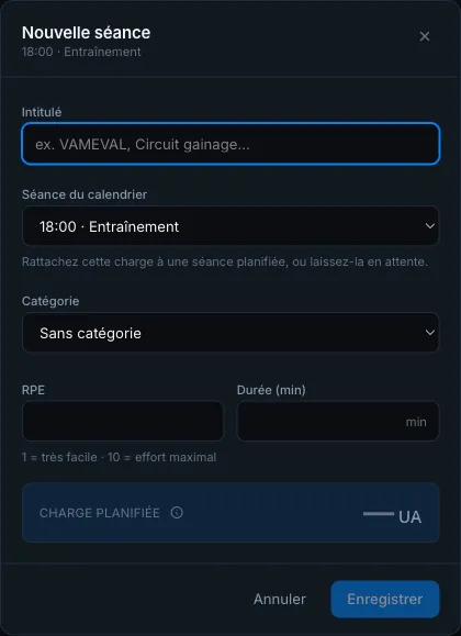 Fenêtre d'ajout de charge avec le sélecteur de séance du calendrier