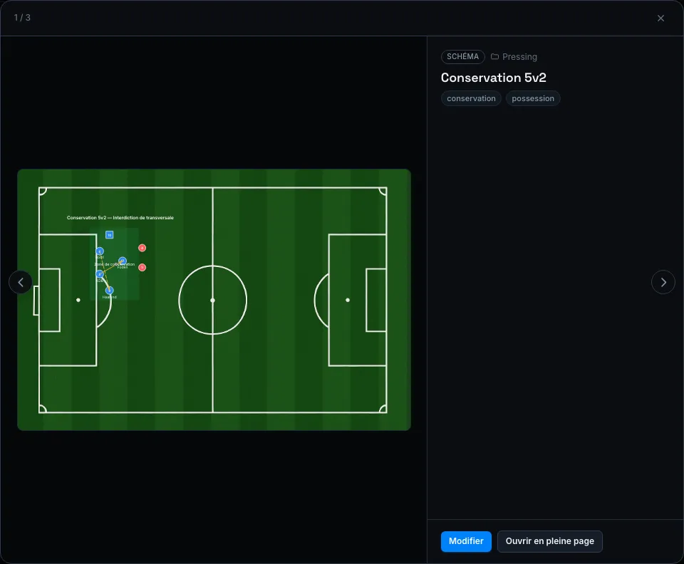 Exercise quick view — full-screen tactical diagram with folder and tags