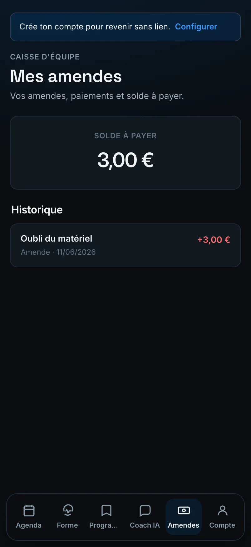 Mes amendes — solde à payer et historique dans l'app joueur