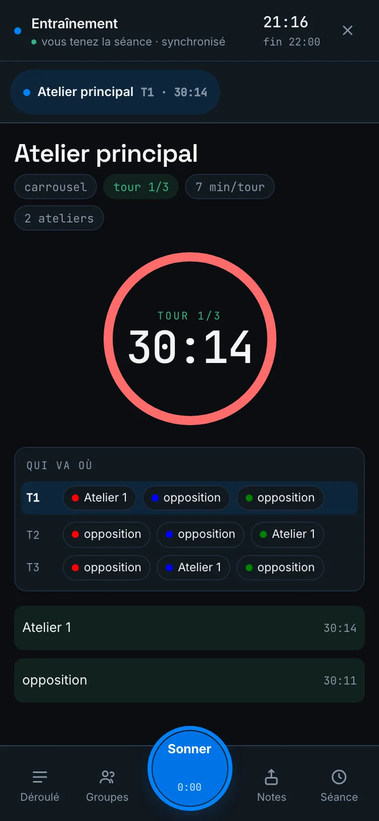 Runner en direct — carrousel avec cadran du tour, tableau « Qui va où », chrono par atelier et cloche Sonner