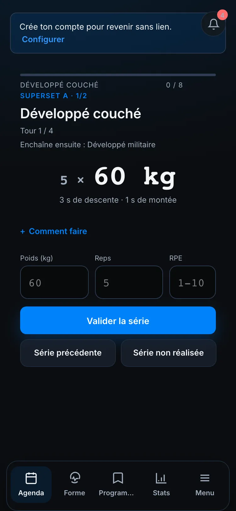 Exécuteur en superset — tour, position dans le groupe et exercice à enchaîner