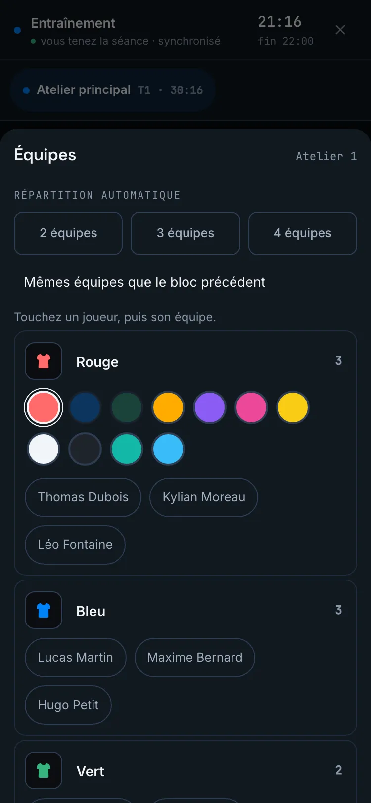 Fabrique d'équipes — répartition automatique, tap-swap et picker de chasuble à 11 couleurs