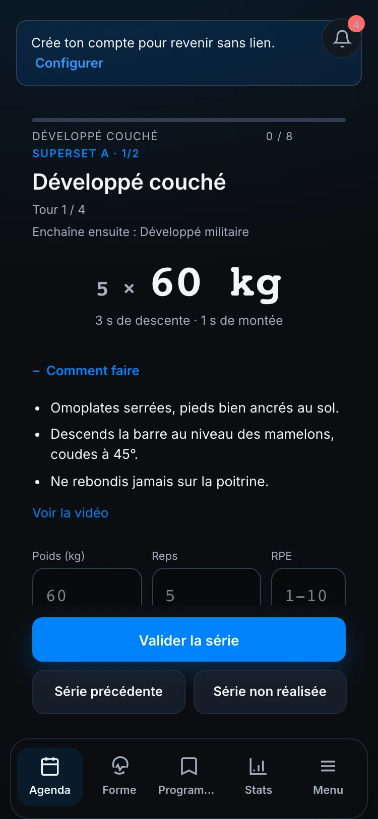Fiche d'exercice ouverte — consignes du coach et lien vidéo