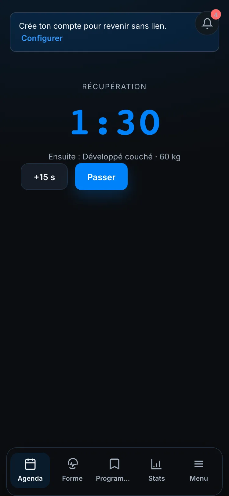 Récupération entre deux séries — compte à rebours et prochain exercice