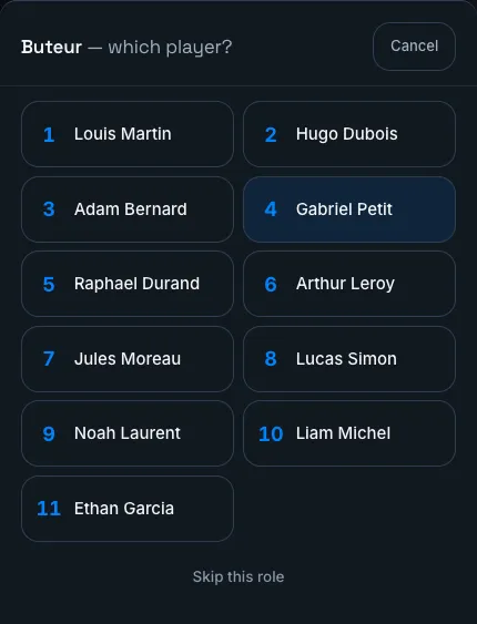 The chain sheet: the question is about the assist, the grid offers the squad, "Skip this role" leaves the slot empty