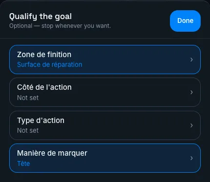 The Qualify the goal screen: four axes, two answered in blue, two still to set, and the Done button