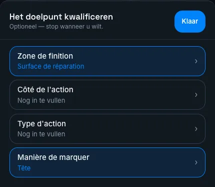 Het scherm Het doelpunt kwalificeren: vier assen, twee ingevuld in het blauw, twee nog in te vullen, en de knop Klaar